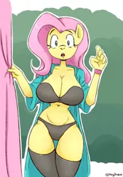 Size: 1070x1547 | Tagged: suggestive, artist:heyodraws, derpibooru import, fluttershy, anthro, pegasus, belly button, big breasts, bra, bracelet, breasts, busty fluttershy, cleavage, clothes, curtains, female, huge breasts, image, jewelry, looking at you, open clothes, panties, png, socks, solo, solo female, stockings, thigh gap, thigh highs, underwear, wide hips