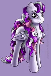 Size: 217x324 | Tagged: safe, artist:flyingpony, derpibooru import, oc, oc:birdie (flyingpony), unofficial characters only, pegasus, pony, fanfic:worlds apart, g1, bow, female, image, jpeg, lavender background, mare, simple background, solo, standing, tail, tail bow