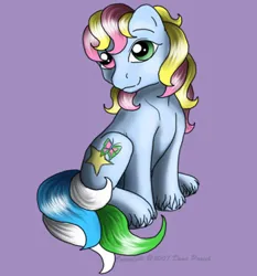 Size: 349x375 | Tagged: safe, artist:flyingpony, derpibooru import, oc, oc:snowmist, unofficial characters only, pony, unicorn, fanfic:worlds apart, g1, colt, foal, heterochromia, horn, image, jpeg, lavender background, male, simple background, sitting, solo, unshorn fetlocks