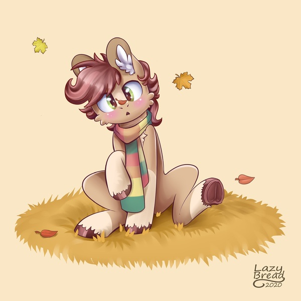 Size: 1773x1773 | Tagged: safe, artist:lazybread, derpibooru import, oc, oc:pitch kritter pine, earth pony, pony, blaze (coat marking), blushing, clothes, coat markings, cute, ear fluff, earth pony oc, facial markings, grass, image, jpeg, leaves, male, scarf, simple background, sitting, socks (coat marking), solo, stallion, underhoof, unshorn fetlocks