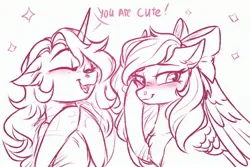 Size: 3000x2000 | Tagged: safe, artist:sparkling_light, derpibooru import, oc, oc:bay breeze, unofficial characters only, pegasus, pony, unicorn, blushing, clapping, cute, duo, eyes closed, female, horn, image, jpeg, mare, pegasus oc, sketch, unicorn oc, wings