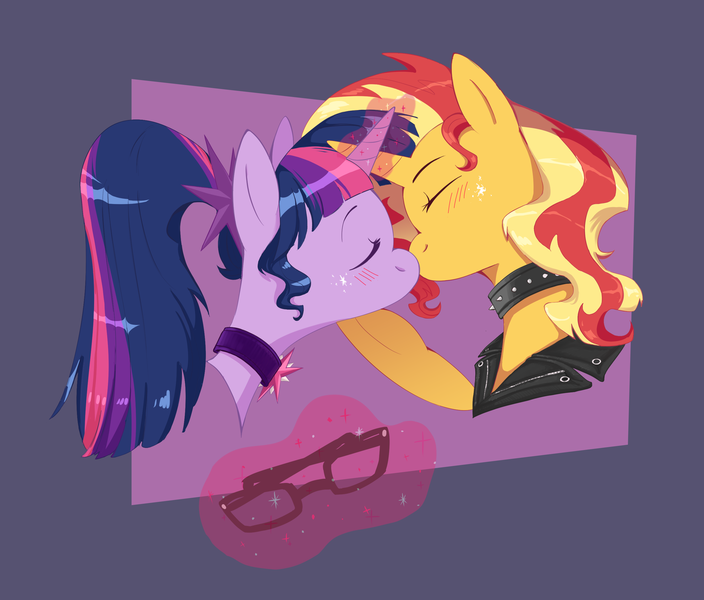 Size: 2700x2300 | Tagged: safe, artist:shanyata, derpibooru import, sci-twi, sunset shimmer, twilight sparkle, pony, unicorn, equestria girls, blush lines, blushing, bust, choker, duo, duo female, equestria girls ponified, eyes closed, female, g4, glasses off, high res, horn, image, lesbian, levitation, magic, mare, passepartout, png, purple background, ship:sci-twishimmer, shipping, simple background, spiked choker, sunsetsparkle, telekinesis, unicorn sci-twi