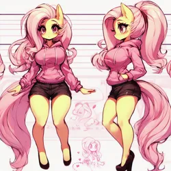 Size: 1024x1024 | Tagged: safe, ai content, derpibooru import, machine learning generated, fluttershy, anthro, adorasexy, big breasts, breasts, busty fluttershy, clothes, cute, female, g4, high heels, hoodie, image, looking at you, png, prompter:horselover fat, sexy, shoes, short, shorts, shyabetes, side view, sideboob, simple background, sketchbook, solo, standing, stupid sexy fluttershy, turnaround, wingless, wingless anthro