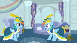 Size: 1280x720 | Tagged: safe, artist:brightstar40k, derpibooru import, rainbow dash, changeling, pegasus, pony, base used, clothes, coronation dress, disguise, disguised changeling, double, dress, duo, female, folded wings, g4, image, impostor, indoors, looking at each other, looking at someone, mare, open mouth, open smile, png, raised hoof, smiling, uh oh, wings, worried