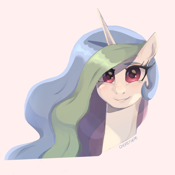 Size: 1881x1878 | Tagged: safe, artist:ghoasthead, derpibooru import, princess celestia, alicorn, pony, bust, female, g4, grin, image, looking at you, mare, png, simple background, smiling, smiling at you, solo, white background
