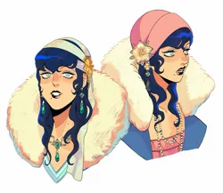 Size: 2047x1779 | Tagged: safe, artist:tulliok, derpibooru import, coloratura, human, bust, clothes, coat, ear piercing, earring, female, fur collar, hat, humanized, image, jewelry, jpeg, lipstick, necklace, piercing, rara, simple background, solo, the grand galloping 20s, white background
