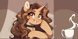Size: 2416x1232 | Tagged: safe, ai content, derpibooru import, machine learning generated, prompter:greesys, oc, unicorn, bust, choker, coffee, happy, heart, horn, image, png, portrait, solo