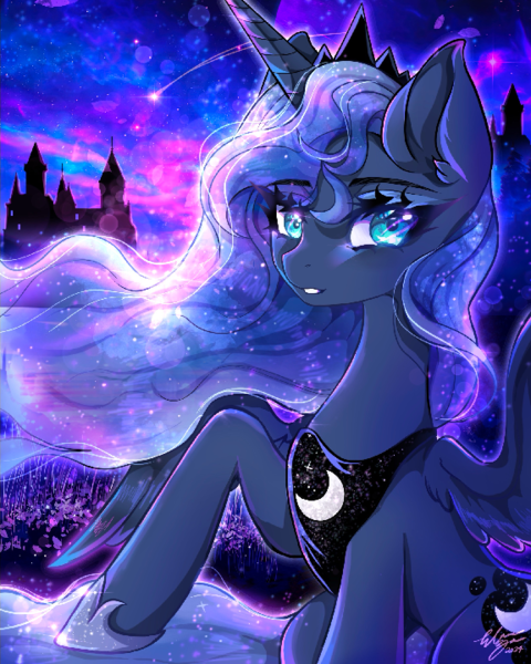 Size: 576x720 | Tagged: safe, artist:natures_love, derpibooru import, princess luna, alicorn, pony, blue eyes, female, image, mare, night, png, raised hoof, solo, teeth