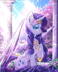 Size: 576x720 | Tagged: safe, artist:natures_love, derpibooru import, rarity, alicorn, pony, alicornified, female, image, mare, outdoors, png, race swap, raised hoof, raricorn, solo, wings