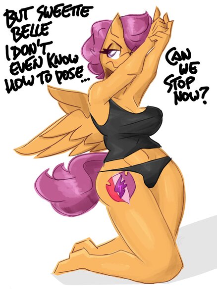 Size: 2988x4096 | Tagged: suggestive, artist:flutterthrash, derpibooru import, scootaloo, anthro, pegasus, plantigrade anthro, 2d, ankles, armpits, barefoot, belly button, breasts, cleavage, clothes, cutie mark, dialogue, feet, female, g4, image, implied sweetie belle, jpeg, legs, lidded eyes, midriff, older, older scootaloo, panties, pose, short shirt, simple background, sleeveless, solo, thighs, unamused, underwear, white background, wide hips, wings