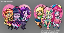 Size: 1728x900 | Tagged: safe, artist:marybellamy, derpibooru import, applejack, pinkie pie, sci-twi, starlight glimmer, sunset shimmer, twilight sparkle, anthro, human, equestria girls, chibi, g4, heart, humanized, image, jpeg, sparkles, zorilita