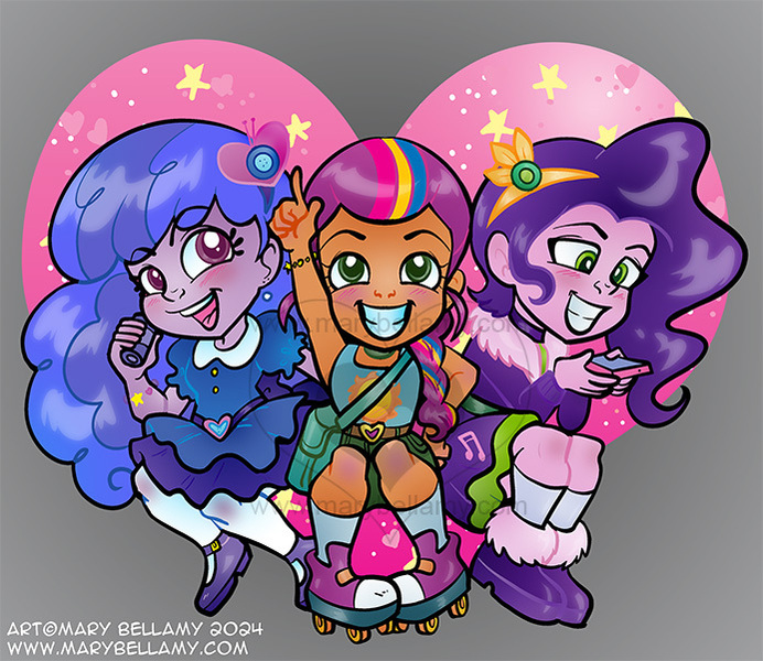 Size: 693x601 | Tagged: safe, artist:marybellamy, derpibooru import, izzy moonbow, pipp petals, sunny starscout, equestria girls, g5, my little pony: a new generation, chibi, g4, heart, image, jpeg, obtrusive watermark, sparkles, trio, watermark