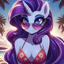 Size: 1024x1024 | Tagged: safe, ai content, derpibooru import, machine learning generated, prompter:glimmy-glam, rarity, anthro, aviator sunglasses, beach, bikini, bikini top, breasts, cleavage, clothes, cloud, generator:dall-e 3, image, jpeg, looking at you, ocean, palm tree, smiling, solo, stars, sunglasses, swimsuit, tree, water