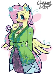 Size: 744x1052 | Tagged: safe, artist:chiefywiffy, derpibooru import, fluttershy, anthro, pegasus, pony, breasts, busty fluttershy, clothes, cute, dress, female, g4, image, kebaya, mare, png, shyabetes, simple background, solo, white background, wings