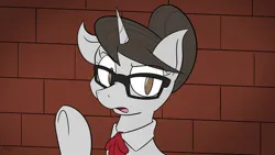 Size: 622x350 | Tagged: artist needed, source needed, safe, derpibooru import, raven, pony, unicorn, cute, female, glasses, hair bun, horn, image, jpeg, looking at someone, mare, necktie, raised hoof, ravenbetes, solo, wall