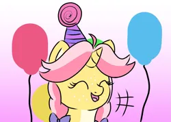 Size: 1259x898 | Tagged: safe, artist:craftycirclepony, derpibooru import, oc, oc:crafty circles, unofficial characters only, pony, unicorn, balloon, bust, cute, eyes closed, female, filly, foal, freckles, happy, hat, horn, image, laughing, open mouth, party hat, png, solo