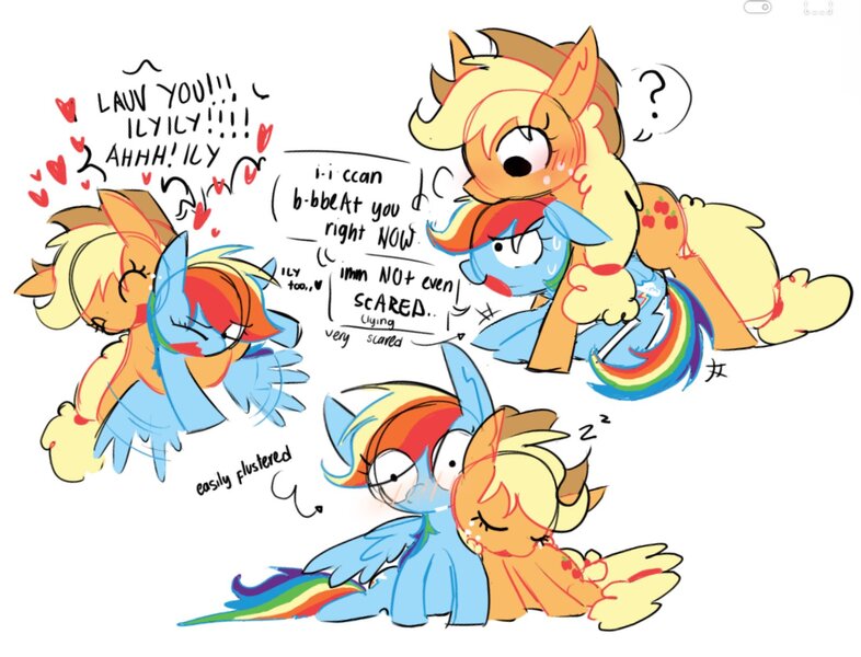 Size: 1592x1216 | Tagged: safe, artist:appledash3r_, derpibooru import, applejack, rainbow dash, earth pony, pegasus, pony, appledash, applejack's hat, arrow, blushing, cowboy hat, dialogue, duo, duo female, emanata, eye clipping through hair, eyes closed, female, flustered, g4, hairband, hat, heart, hug, image, jpeg, lesbian, mare, onomatopoeia, question mark, scared, shipping, simple background, sleeping, sound effects, speech bubble, sweat, white background, zzz