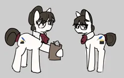 Size: 1926x1213 | Tagged: safe, artist:gorepup, derpibooru import, raven, writing desk, earth pony, pony, unicorn, clipboard, cute, duo, duo female, female, glasses, gray background, hair bun, horn, image, png, ravenbetes, sad, simple background, tired
