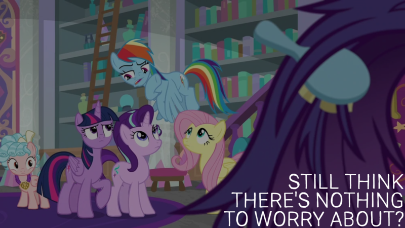 Size: 1920x1080 | Tagged: safe, derpibooru import, edit, edited screencap, editor:quoterific, screencap, cozy glow, fluttershy, rainbow dash, rarity, twilight sparkle, twilight sparkle (alicorn), alicorn, school raze, book, bookshelf, brush, g4, hairbrush, image, ladder, png, school of friendship