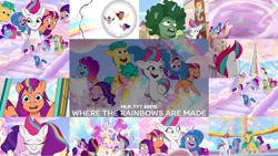 Size: 1191x671 | Tagged: safe, derpibooru import, editor:quoterific, hitch trailblazer, izzy moonbow, pipp petals, sparky sparkeroni, sunny starscout, zipp storm, g5, my little pony: tell your tale, dapple, image, misty brightdawn, png, where the rainbows are made