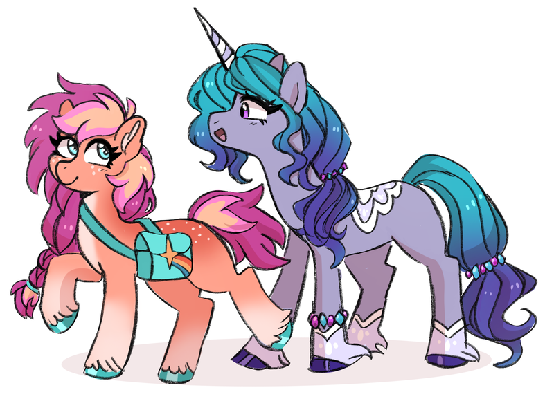 Size: 2452x1768 | Tagged: safe, artist:emera33, derpibooru import, izzy moonbow, sunny starscout, earth pony, pony, unicorn, g5, duo, female, horn, image, lesbian, looking at each other, looking at someone, png, ship:moonscout, shipping, simple background, smiling, white background