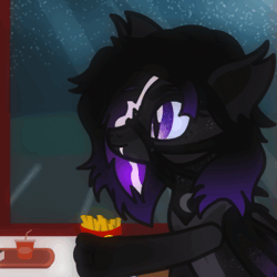 Size: 512x512 | Tagged: safe, artist:sp3ctrum-ii, derpibooru import, oc, oc:moonlit howl, unofficial characters only, bat pony, pony, undead, vampire, vampony, wolf, wolf pony, animated, commission, eating, food, french fries, gif, image, mcdonald's