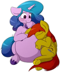 Size: 5045x5995 | Tagged: safe, derpibooru import, izzy moonbow, oc, earth pony, unicorn, g5, belly, canon x oc, chubby, cutie mark, embarrassed, high res, horn, image, png, shipping, simple background, transparent background, vector