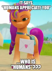 Size: 500x676 | Tagged: safe, derpibooru import, sunny starscout, earth pony, g5, spoiler:g5, 3d, braid, caption, confused, confusion, heart, image, image macro, jpeg, letter, looking down, meme, multicolored hair, my little pony: a zephyr heights mystery, rainbow hair, text, thinking, video game