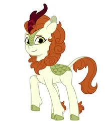 Size: 640x725 | Tagged: safe, artist:jazzhooves, derpibooru import, autumn blaze, kirin, pony, g5, female, g4, g4 to g5, generation leap, image, jpeg, raised hoof, simple background, smiling, solo, white background