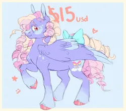 Size: 1700x1500 | Tagged: safe, artist:abbytabbys, derpibooru import, oc, unofficial characters only, pegasus, pony, adoptable, blue background, blushing, body freckles, border, bow, coat markings, colored eyebrows, colored eyelashes, colored hooves, colored pinnae, colored wings, colored wingtips, curly mane, curly tail, facial markings, folded wings, freckles, heart, heart mark, image, jpeg, large wings, lidded eyes, long mane, long tail, looking back, pegasus oc, pink eyelashes, pink eyes, pink hooves, pink mane, pink text, profile, purple coat, raised hoof, ringlets, shiny hooves, simple background, snip (coat marking), socks (coat marking), solo, splotches, standing, tail, tail bow, tall ears, text, two toned wings, unshorn fetlocks, wings