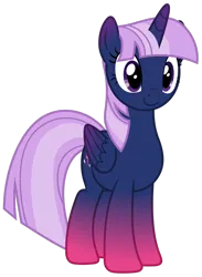 Size: 640x872 | Tagged: safe, artist:capricornus_shade, derpibooru import, edit, twilight sparkle, twilight sparkle (alicorn), alicorn, pony, coat markings, colored wings, female, g4, gradient ears, gradient horn, gradient legs, gradient wings, horn, image, palette swap, png, recolor, reverse colors, simple background, smiling, solo, transparent background, wings