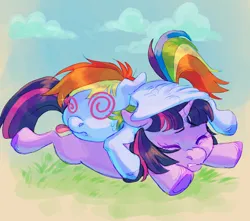 Size: 1700x1500 | Tagged: safe, artist:abbytabbys, derpibooru import, rainbow dash, twilight sparkle, pegasus, pony, unicorn, :p, alternate universe, bangs, blue coat, colored hooves, crash landing, cute, dashabetes, dizzy, duo, duo female, eyelashes, eyes closed, female, filly, filly rainbow dash, filly twilight sparkle, floppy ears, foal, frown, g4, grass, horn, image, jpeg, lying down, multicolored hair, multicolored mane, multicolored tail, outdoors, partially open wings, pink eyes, prone, purple coat, rainbow hair, rainbow tail, shiny mane, shiny tail, sploot, straight mane, straight tail, swirly eyes, tail, tongue out, twiabetes, unicorn horn, unicorn twilight, unshorn fetlocks, wings, younger