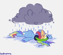 Size: 2048x1781 | Tagged: safe, artist:bishopony, derpibooru import, part of a set, rainbow dash, pegasus, pony, arms spread out, blue coat, cloud, colored, female, g4, gray background, headphones, image, listening to music, long mane, long tail, lying down, mare, multicolored hair, multicolored mane, multicolored tail, on back, png, rainbow hair, rainbow tail, raincloud, sad, sadbow dash, signature, simple background, solo, tail, wet, wet mane, wet tail