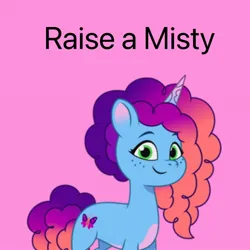 Size: 640x640 | Tagged: safe, artist:alyssalynn112, derpibooru import, pony, unicorn, g5, coat markings, female, freckles, horn, image, jpeg, looking at you, misty brightdawn, pink background, raise a floppa, rebirth misty, roblox, simple background, smiling, solo