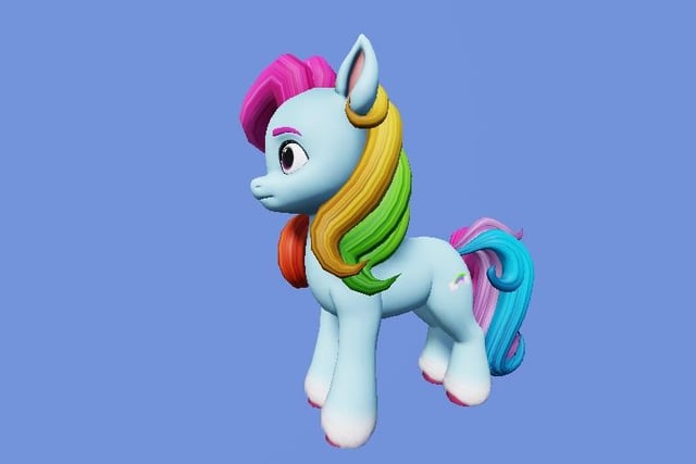 Size: 640x427 | Tagged: safe, artist:comfortable_study796, derpibooru import, rainbow dash (g3), earth pony, pony, g3, g5, 3d, blue background, coat markings, colored hooves, female, g3 to g5, generation leap, image, jpeg, neutral expression, simple background, socks (coat marking), solo