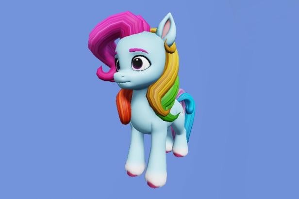 Size: 616x411 | Tagged: safe, artist:comfortable_study796, derpibooru import, rainbow dash (g3), earth pony, pony, g3, g5, 3d, blue background, coat markings, colored hooves, female, g3 to g5, generation leap, image, jpeg, neutral expression, simple background, socks (coat marking), solo