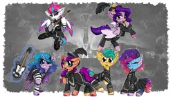 Size: 7680x4320 | Tagged: safe, artist:jubyskylines, derpibooru import, hitch trailblazer, izzy moonbow, pipp petals, sunny starscout, zipp storm, g5, image, misty brightdawn, my chemical romance, png