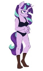 Size: 541x898 | Tagged: suggestive, artist:partyponypower, derpibooru import, starlight glimmer, anthro, plantigrade anthro, pony, unicorn, ankle socks, bra, clothes, eyelashes, female, g4, hands together, horn, image, jpeg, leg hair, lidded eyes, long mane, long tail, mare, no catchlights, nose wrinkle, panties, pink coat, purple eyes, s5 starlight, simple background, smiling, solo, standing, tail, two toned mane, two toned tail, underwear, unicorn horn, wavy mane, wavy tail, white background