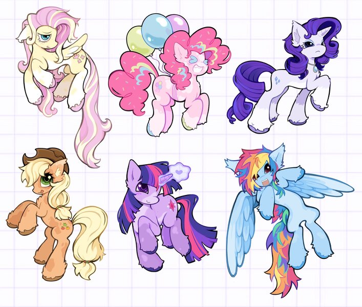 Size: 2048x1737 | Tagged: safe, artist:toycasino, derpibooru import, applejack, fluttershy, pinkie pie, rainbow dash, rarity, twilight sparkle, earth pony, pegasus, pony, unicorn, ><, alternate design, alternate hairstyle, alternate mane color, alternate tail color, alternate tailstyle, applejack's hat, bags under eyes, balloon, big eyes, blaze (coat marking), blonde mane, blonde tail, blue coat, blue eyes, blue hooves, blush scribble, blushing, bouncing, brown hooves, chest fluff, coat markings, colored, colored belly, colored ear fluff, colored eartips, colored hooves, colored wings, colored wingtips, cowboy hat, curly mane, curly tail, dashabetes, diapinkes, ear fluff, ear tufts, eyelashes, eyes closed, eyeshadow, facial markings, fangs, floppy ears, flying, frown, g4, glow, glowing horn, gray coat, green eyes, group, hat, hooves, horn, image, impossibly long tail, in air, jackabetes, jewelry, jpeg, large wings, leg fluff, lidded eyes, long mane, long tail, looking up, magic, makeup, mane six, mane six redesign, mealy mouth (coat marking), messy mane, messy tail, multicolored hair, multicolored hooves, multicolored mane, multicolored tail, narrowed eyes, necklace, open mouth, open smile, orange coat, pale belly, partially open wings, patterned background, pendant, pink coat, pink eyes, pink hooves, pink mane, pink tail, ponytail, profile, purple blush, purple coat, purple eyes, purple hooves, purple mane, purple tail, rainbow hair, rainbow tail, raised hoof, raised hooves, raribetes, rarity is not amused, rearing, redesign, ringlets, sextet, shiny eyes, shyabetes, slender, smiling, socks (coat marking), splotches, spread wings, standing, straight mane, straight tail, tail, teal eyes, teeth, thin, tied mane, tied tail, twiabetes, twitterina design, two toned mane, two toned tail, two toned wings, unamused, unicorn horn, unicorn twilight, unshorn fetlocks, wall of tags, wingding eyes, wings, yellow coat