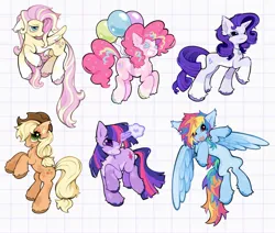 Size: 2048x1737 | Tagged: safe, artist:toycasino, derpibooru import, applejack, fluttershy, pinkie pie, rainbow dash, rarity, twilight sparkle, earth pony, pegasus, pony, unicorn, ><, alternate design, alternate hairstyle, alternate mane color, alternate tail color, alternate tailstyle, applejack's hat, bags under eyes, balloon, big eyes, blaze (coat marking), blonde mane, blonde tail, blue coat, blue eyes, blue hooves, blush scribble, blushing, bouncing, brown hooves, chest fluff, coat markings, colored, colored belly, colored ear fluff, colored eartips, colored hooves, colored wings, colored wingtips, cowboy hat, curly mane, curly tail, cute, dashabetes, diapinkes, ear fluff, ear tufts, eyelashes, eyes closed, eyeshadow, facial markings, fangs, floppy ears, flying, frown, g4, glow, glowing horn, gray coat, green eyes, group, hat, hooves, horn, image, impossibly long tail, in air, jackabetes, jewelry, jpeg, large wings, leg fluff, lidded eyes, long mane, long tail, looking up, magic, makeup, mane six, mane six redesign, mealy mouth (coat marking), messy mane, messy tail, multicolored hair, multicolored hooves, multicolored mane, multicolored tail, narrowed eyes, necklace, open mouth, open smile, orange coat, pale belly, partially open wings, patterned background, pendant, pink coat, pink eyes, pink hooves, pink mane, pink tail, ponytail, profile, purple blush, purple coat, purple eyes, purple hooves, purple mane, purple tail, rainbow hair, rainbow tail, raised hoof, raised hooves, raribetes, rarity is not amused, rearing, redesign, ringlets, sextet, shiny eyes, shyabetes, slender, smiling, socks (coat marking), splotches, spread wings, standing, straight mane, straight tail, tail, teal eyes, teeth, thin, tied mane, tied tail, twiabetes, two toned mane, two toned tail, two toned wings, unamused, unicorn horn, unicorn twilight, unshorn fetlocks, wall of tags, wingding eyes, wings, yellow coat
