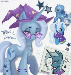 Size: 1820x1920 | Tagged: safe, artist:inzomniak, derpibooru import, trixie, pony, unicorn, alternate hairstyle, babysitter trixie, clothes, doll, female, g4, gameloft, glasses, hat, hoodie, horn, image, jewelry, jpeg, lidded eyes, lined paper, looking at you, mare, my little pony: magic princess, name, necklace, raised hoof, signature, simple background, smiling, smiling at you, solo, star glasses, stars, toy, trixie's hat, white background, white pupils, wristband