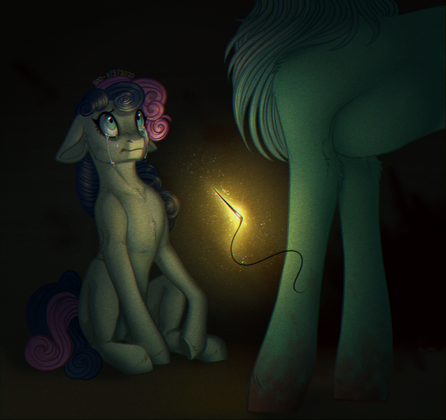 Size: 1423x1341 | Tagged: grimdark, artist:blitsazalisdash, derpibooru import, bon bon, lyra heartstrings, sweetie drops, earth pony, pony, unicorn, blood, bloody hooves, chiaroscuro, creepy, crying, dark, dark background, duo, floppy ears, g4, head out of frame, horn, image, implied mutilation, magic, magic aura, png, scared, sewing needle, signature, simple background, tears of fear, telekinesis, this will end in death, this will end in tears, this will end in tears and/or death