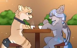 Size: 3200x2000 | Tagged: safe, artist:snowstormbat, derpibooru import, oc, oc:adrian, oc:midnight snowstorm, bat pony, otter, pony, bandana, food, furry, glasses, image, male, png, sitting, smiling, stallion, talking, tea