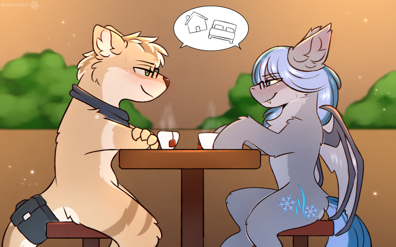 Size: 3200x2000 | Tagged: safe, artist:snowstormbat, derpibooru import, oc, oc:adrian, oc:midnight snowstorm, bat pony, otter, pony, bandana, blushing, food, furry, glasses, image, male, png, sitting, smiling, stallion, sweat, talking, tea