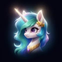 Size: 1328x1328 | Tagged: safe, ai content, derpibooru import, generator:bluefox mix, machine learning generated, prompter:adorablebluefox, stable diffusion, princess celestia, alicorn, pony, beautiful, black background, bust, chest fluff, cute, ear fluff, eyebrows, eyebrows visible through hair, female, g4, glow, glowing horn, glowing mane, horn, image, jewelry, light, magic, mare, peytral, png, portrait, regalia, simple background, solo, upper body, wingless