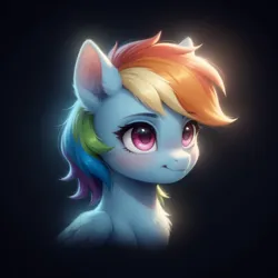 Size: 1328x1328 | Tagged: safe, ai content, derpibooru import, generator:bluefox mix, machine learning generated, prompter:adorablebluefox, stable diffusion, rainbow dash, pegasus, pony, beautiful, black background, blush lines, blushing, bust, chest fluff, cute, ear fluff, eyebrows, eyebrows visible through hair, female, g4, glow, image, light, mare, png, portrait, simple background, smiling, solo, upper body, wings