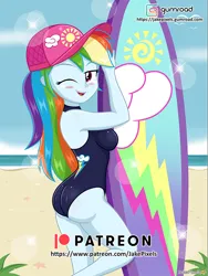 Size: 728x970 | Tagged: suggestive, artist:jakepixels, derpibooru import, rainbow dash, human, equestria girls, ass, baseball cap, beach, beach babe, blushing, breasts, busty rainbow dash, butt, cap, clothes, female, g4, gumroad, gumroad logo, hat, image, looking at you, looking back, looking back at you, one eye closed, patreon, patreon logo, png, rainbutt dash, sexy, solo, solo female, stupid sexy rainbow dash, surfboard, swimsuit, wink