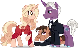 Size: 1920x1180 | Tagged: safe, artist:limedazzle, derpibooru import, oc, oc:lena, oc:michael, oc:stuart, pegasus, pony, unicorn, clothes, dress, female, horn, image, mare, png, simple background, transparent background, tuxedo