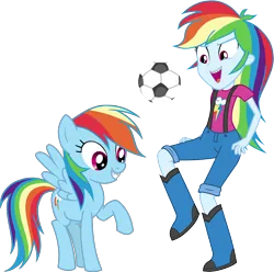 Size: 4580x4550 | Tagged: safe, artist:octosquish7260, derpibooru import, rainbow dash, human, pegasus, pony, equestria girls, boots, braces, clothes, denim, female, football, g4, human ponidox, image, jeans, pants, png, self paradox, self ponidox, shirt, shoes, show accurate, simple background, sports, suspenders, t-shirt, teenager, transparent background, wings, younger