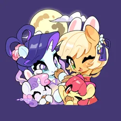 Size: 3521x3521 | Tagged: safe, artist:chengzi82020, derpibooru import, apple bloom, applejack, rarity, sweetie belle, earth pony, pony, unicorn, alternate hairstyle, apple sisters, blushing, bunny ears, cheongsam, clothes, cookie, dress, eating, female, filly, foal, food, hanfu, horn, image, mare, mid-autumn festival, moon, mooncake, one eye closed, open mouth, png, purple background, raised hoof, robe, siblings, simple background, sisters, wink